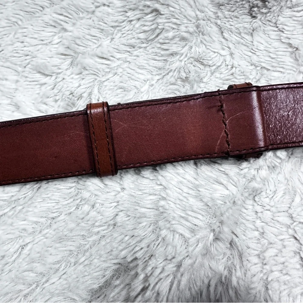 Coldwater Creek Funky BOHO Leather Brown Brass Circle Hook Belt, Adjustable  S/M
